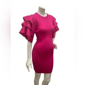 SETTLEDOWN Crew Neck Layered Flare Short Sleeve Mini Sweater Dress “L”Fuchsia.